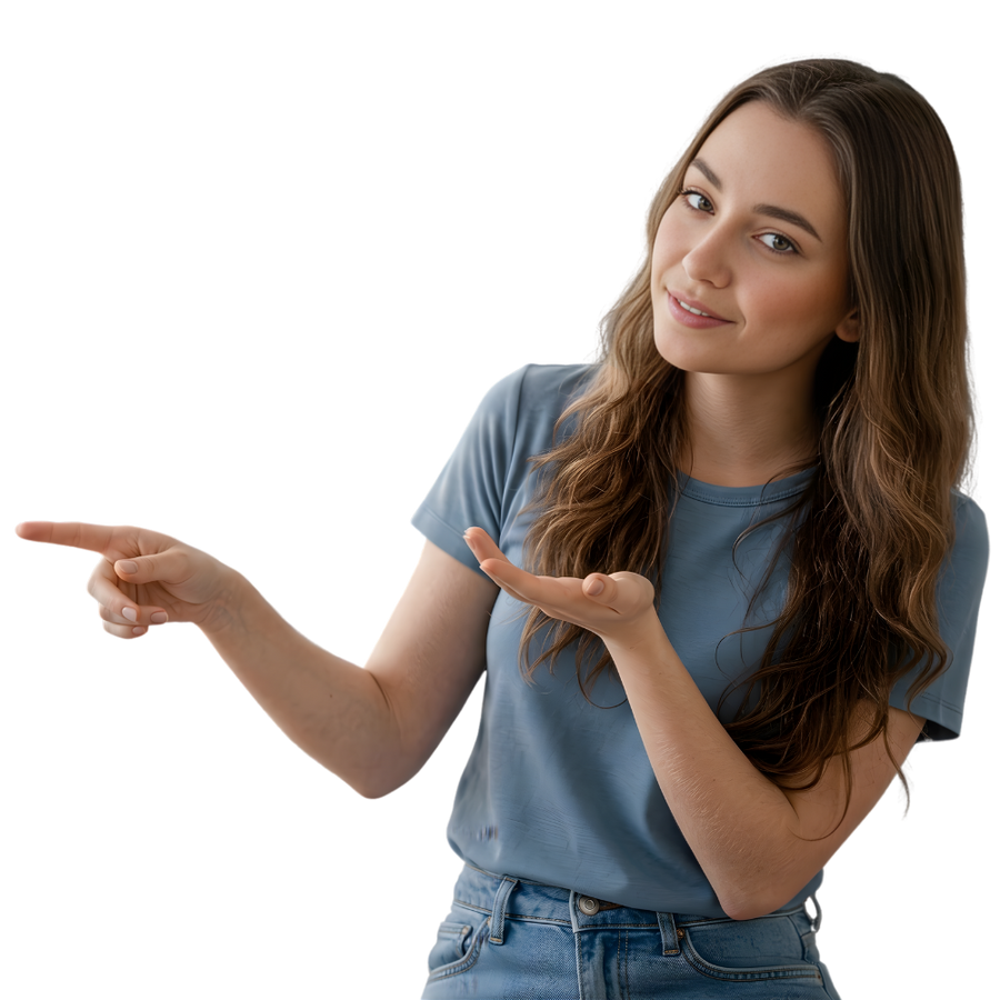 Woman in a blue shirt and jeans pointing to the side on a white background
