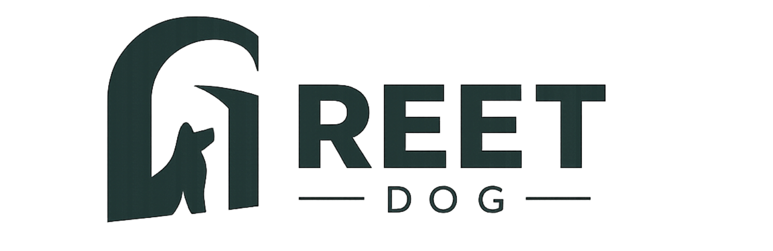 Logo of 'GREET DOG' with a stylized dog silhouette inside a arch on a white background