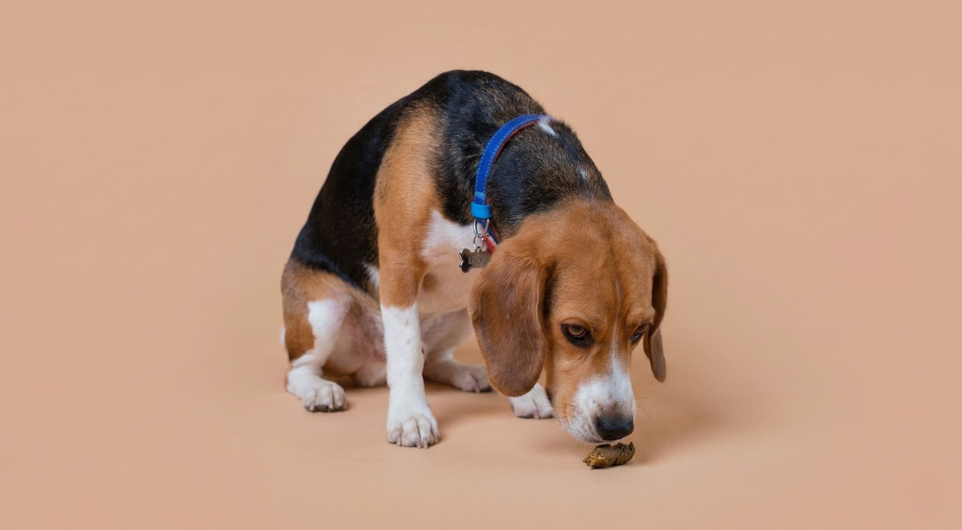 Dog sniffing a dog poop on a beige background