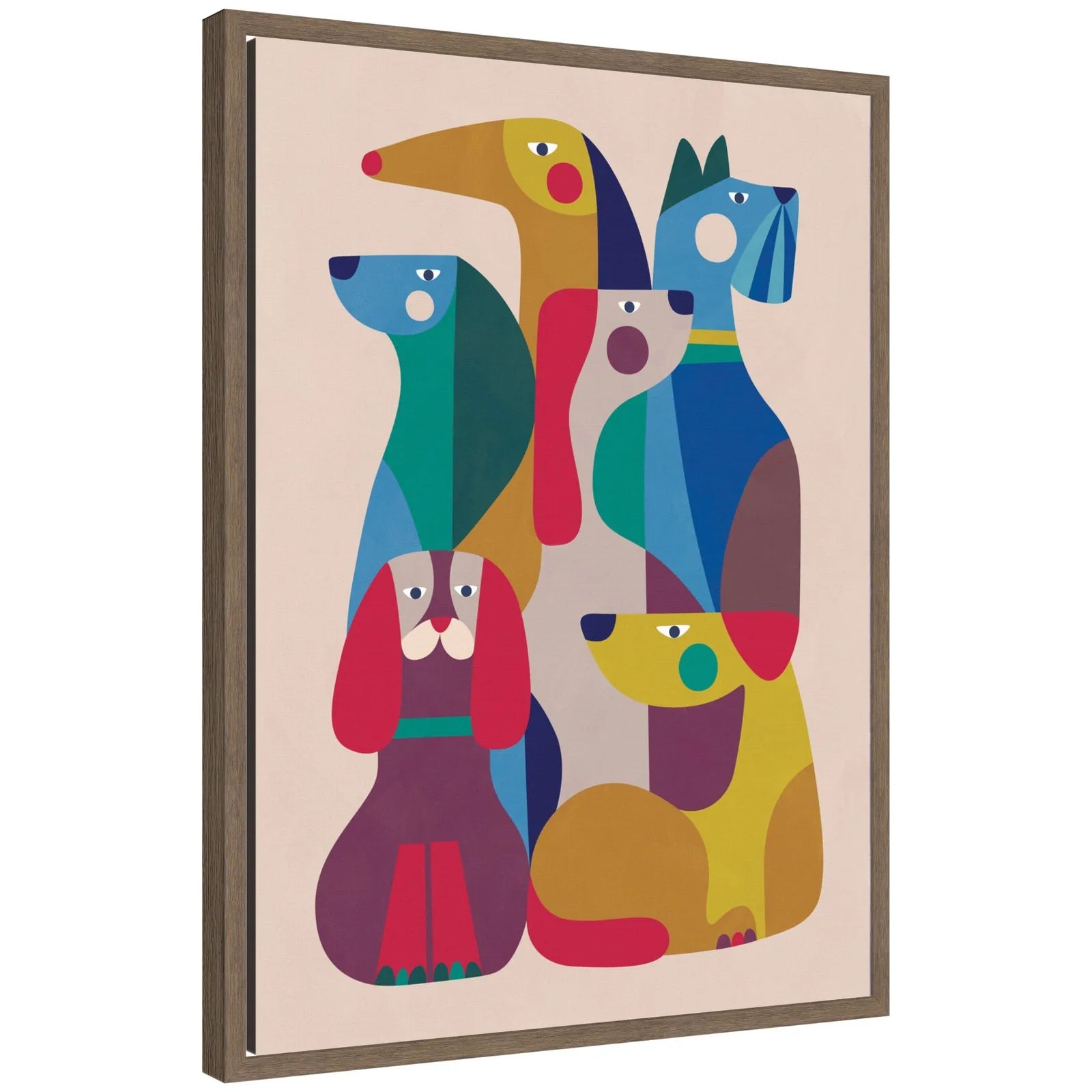 Framed canvas art featuring abstract, colorful dogs in various shapes against a light background.