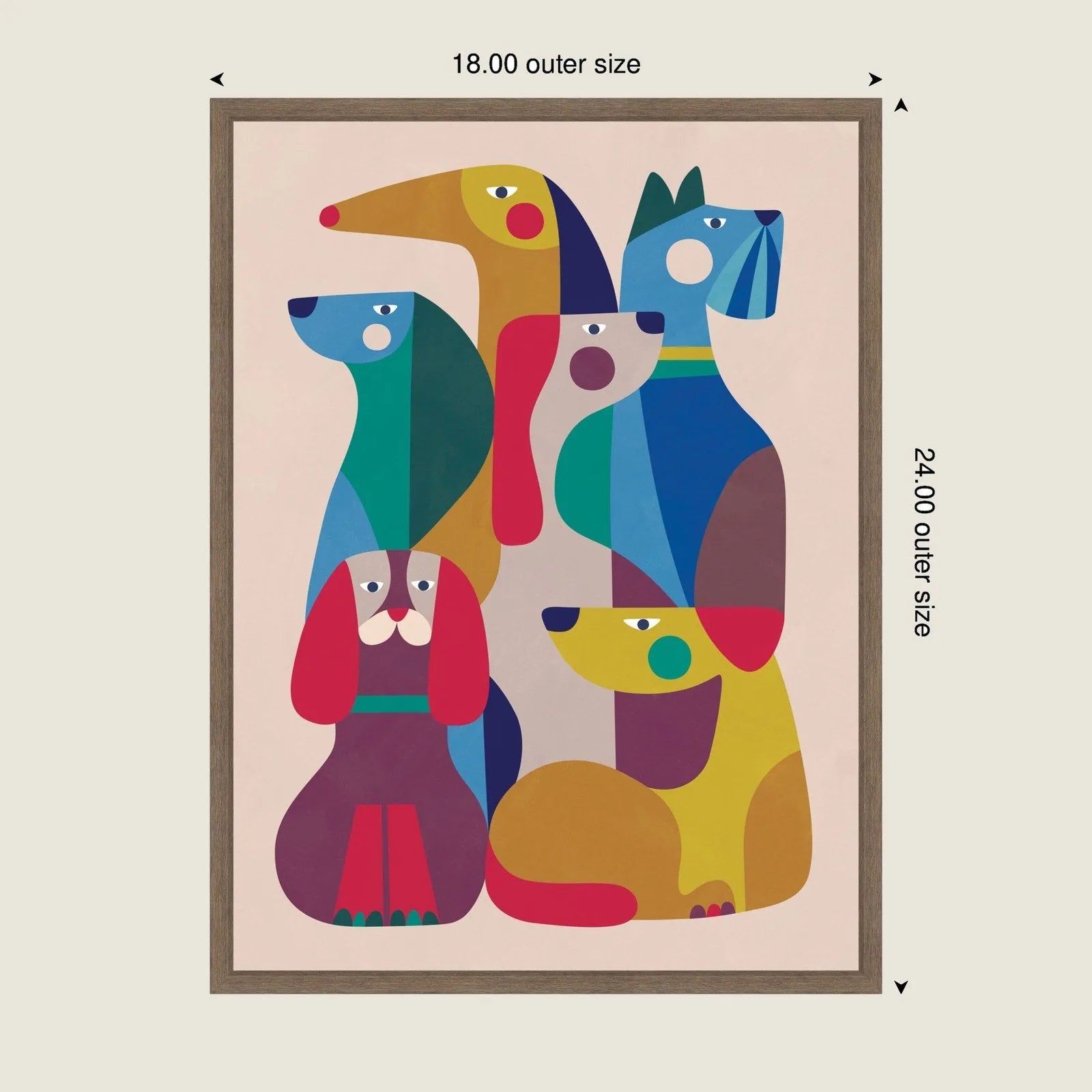 Colorful abstract representation of six modern dogs in hues of blue, green, red, and yellow, framed in a walnut brown frame.