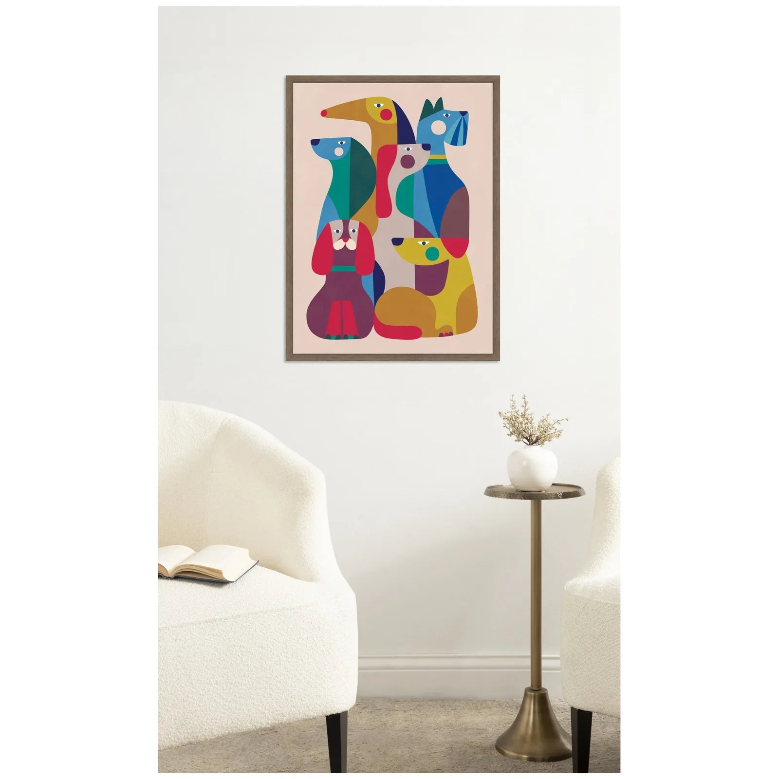 Colorful abstract dog designs in a walnut brown frame, featuring playful shapes and expressions on a soft pink background.
