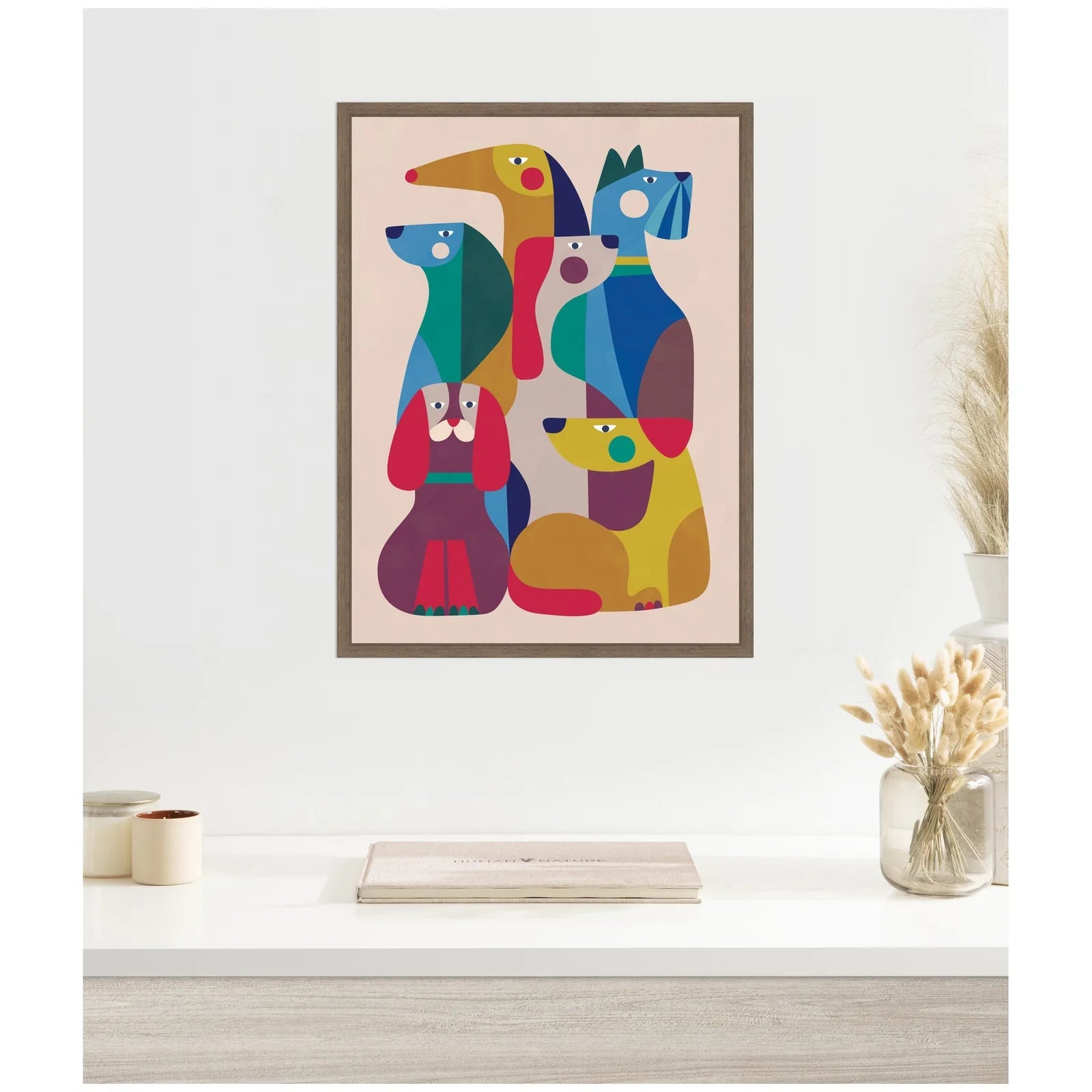 Colorful abstract dog design in a walnut frame, featuring various shapes and patterns, perfect for modern home decor.