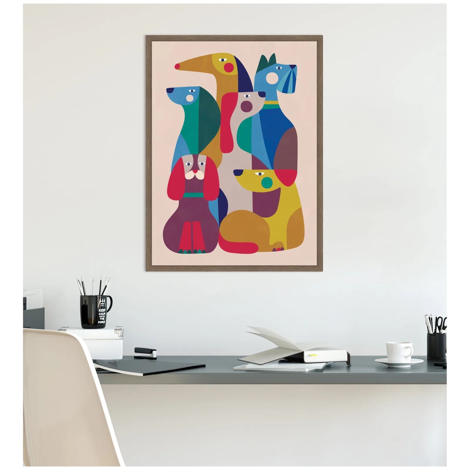 Framed canvas art featuring colorful, abstract dog designs by Rachel Lee, set in a walnut brown frame.