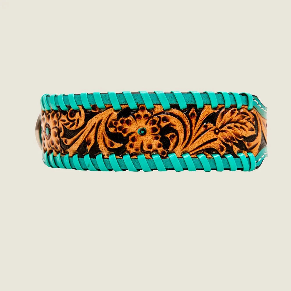 Acety hand-tooled leather dog collar with floral design, featuring turquoise accents and sturdy craftsmanship.