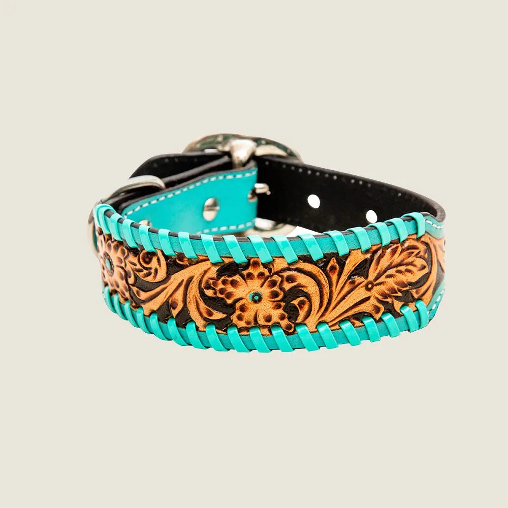 Hand-tooled leather dog collar featuring turquoise accents and floral designs, ideal for daily walks.