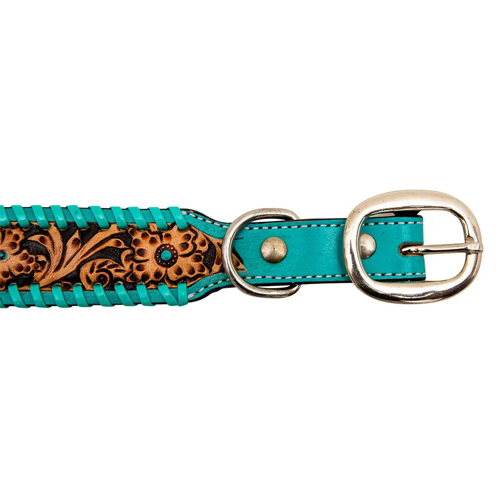 Acety hand-tooled leather dog collar featuring turquoise accents and floral carvings; sturdy 1.5-inch wide design.