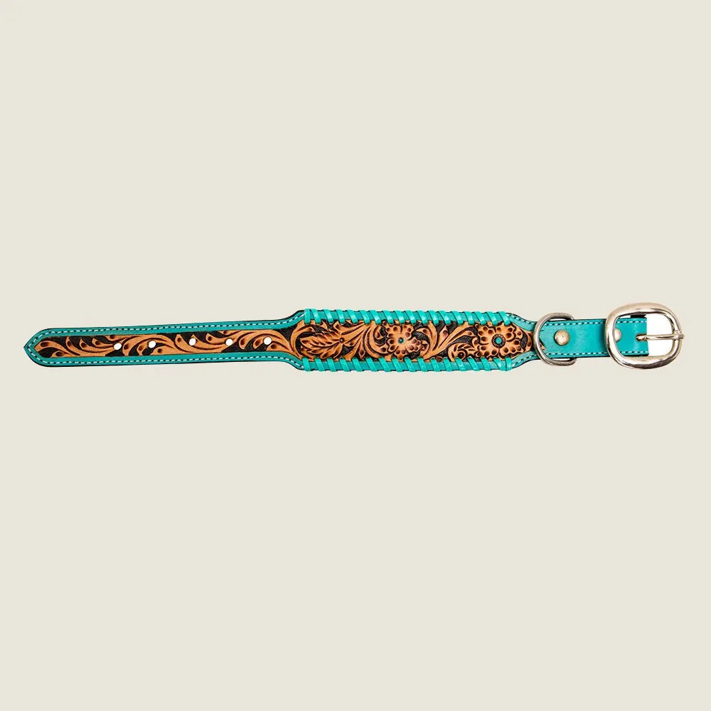 Hand-tooled leather dog collar with intricate brown floral designs, bordered by a vibrant turquoise edge and silver buckle.