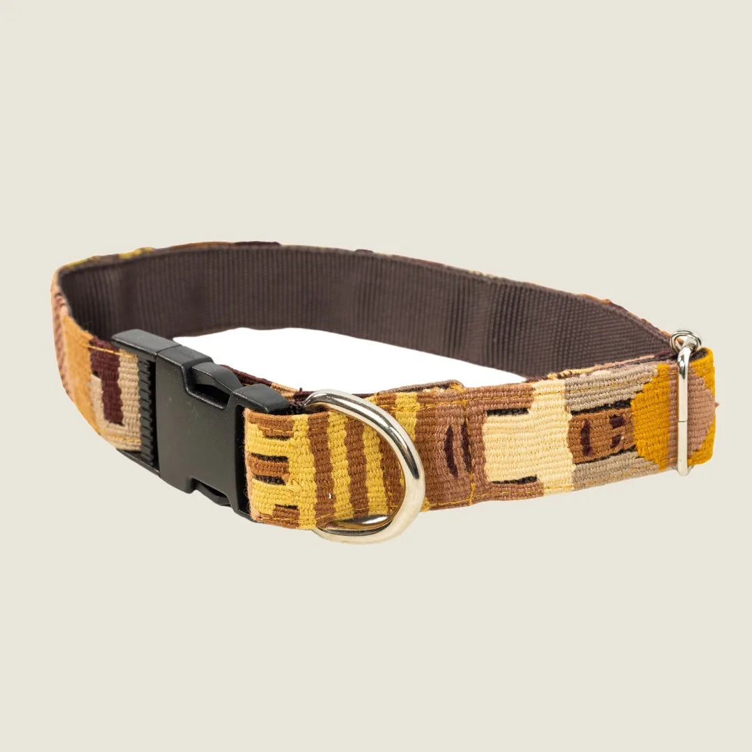 Adjustable boho dog collar in earthy brown tones, made from 100% cotton with a secure plastic buckle and metal D-ring.