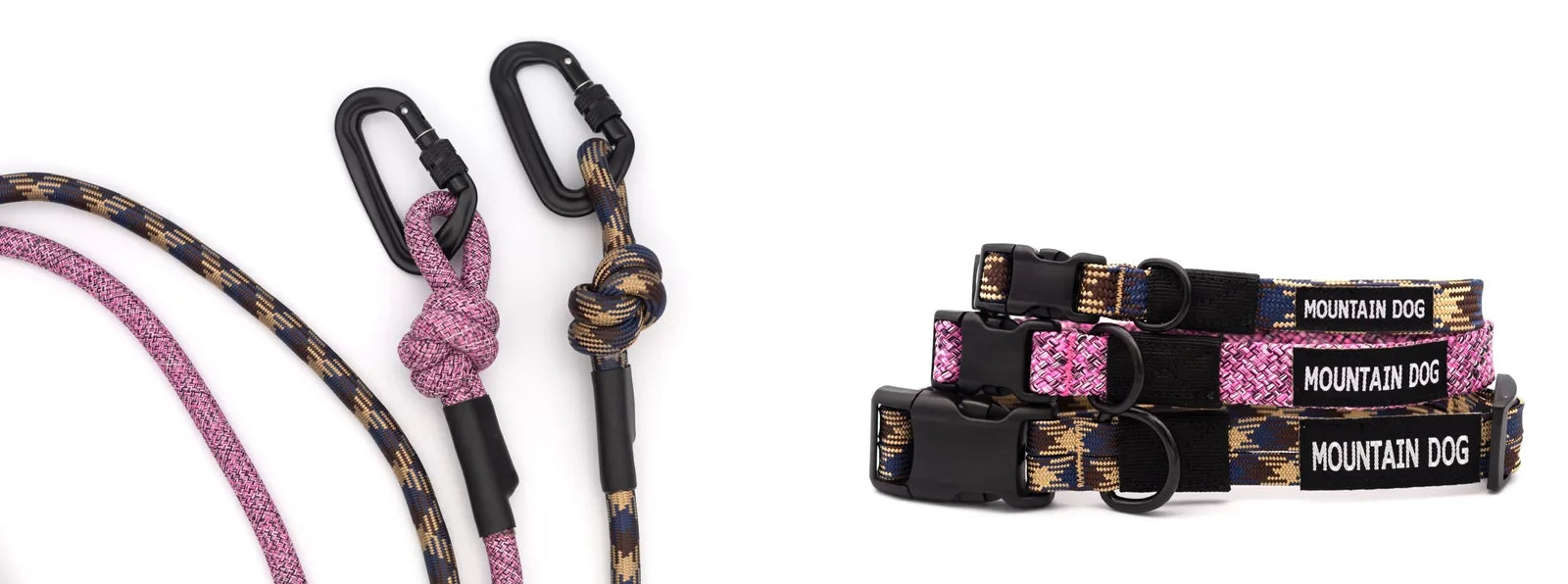 Adventure style collar and leash set in vibrant pink and blue, made from durable nylon with sturdy locking clips.