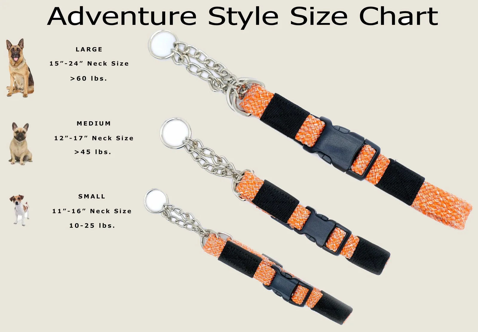 Adventure Style size chart for Martingale dog collars, showcasing orange and black nylon design in three size options.