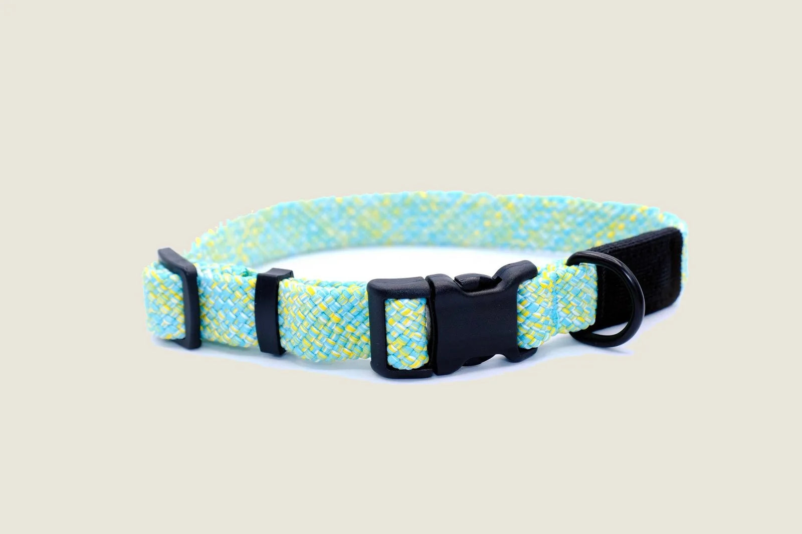 Adventure style dog collar featuring a blue and yellow woven design, crafted from durable nylon with a black buckle.