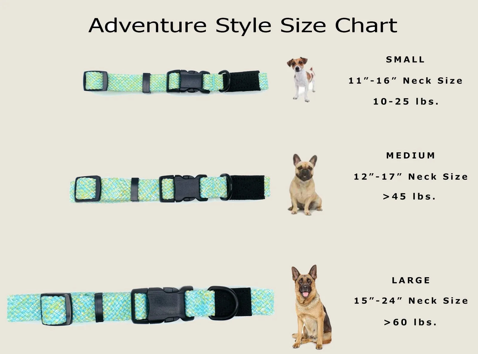 Adventure Style flat weave dog collar in light blue and green, featuring sturdy black buckles and adjustable sizing options.