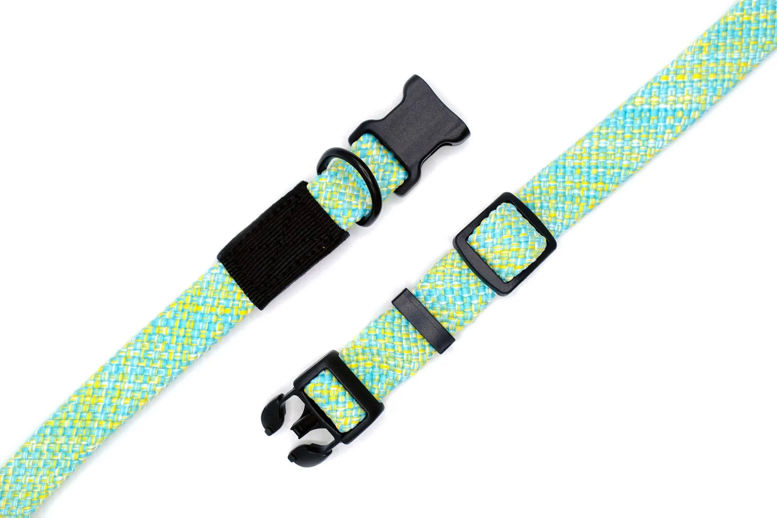 Blue and yellow woven nylon dog collar with black polyacetal buckle and adjustable length for comfort.