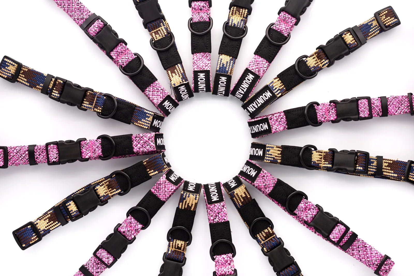 Adventure Style Mountain Argyle dog collars in pink and brown nylon, featuring strong YKK buckles for durability.