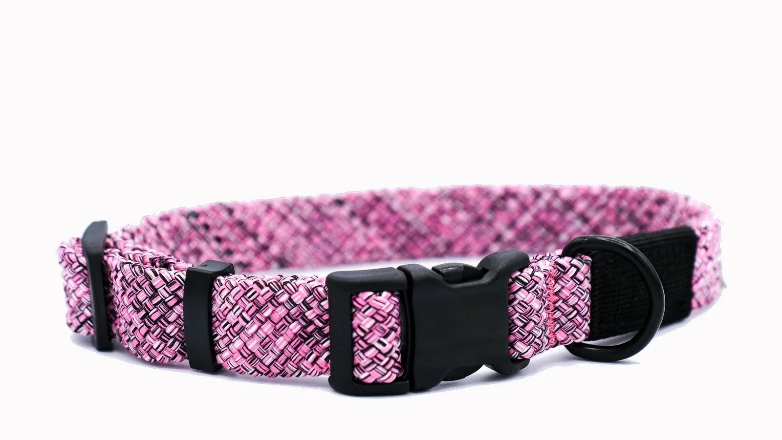 Adventure Style Mountain Blush dog collar made of durable nylon climbing rope with a black buckle and adjustable size.