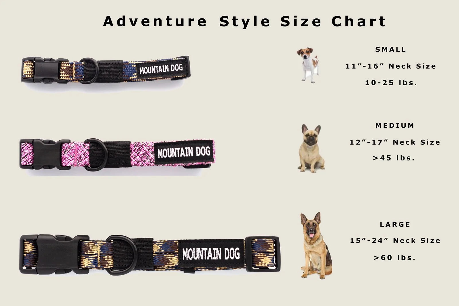 Adventure Style Mountain Blush dog collar in durable nylon, featuring adjustable sizing and "MOUNTAIN DOG" label.