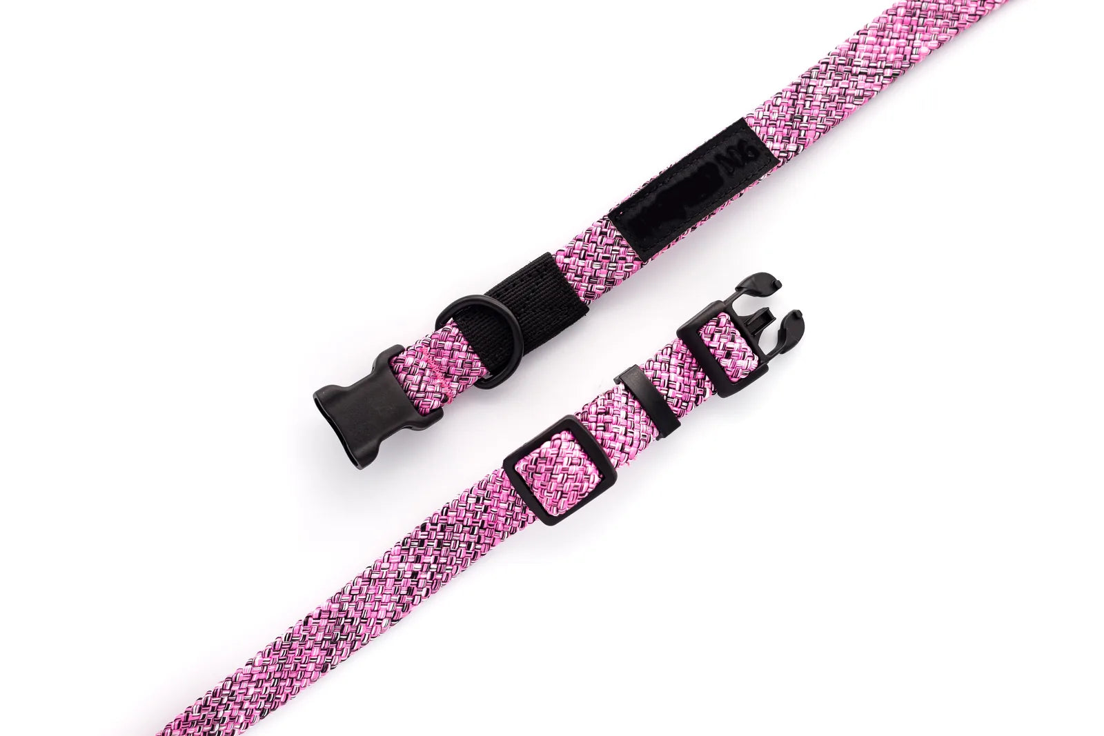 Durable nylon climbing rope dog collar in Mountain Blush color with black buckle and adjustable design for comfort.