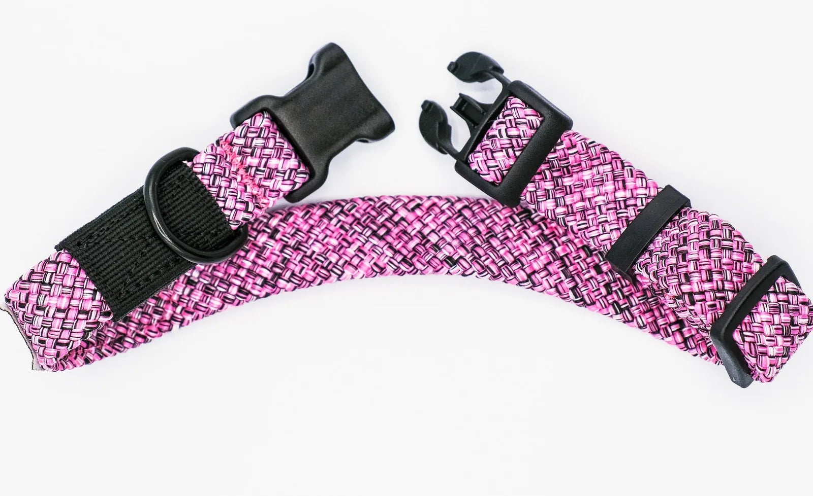 Durable mountain blush nylon climbing rope dog collar with strong black buckle, designed for adventurous outdoor activities.