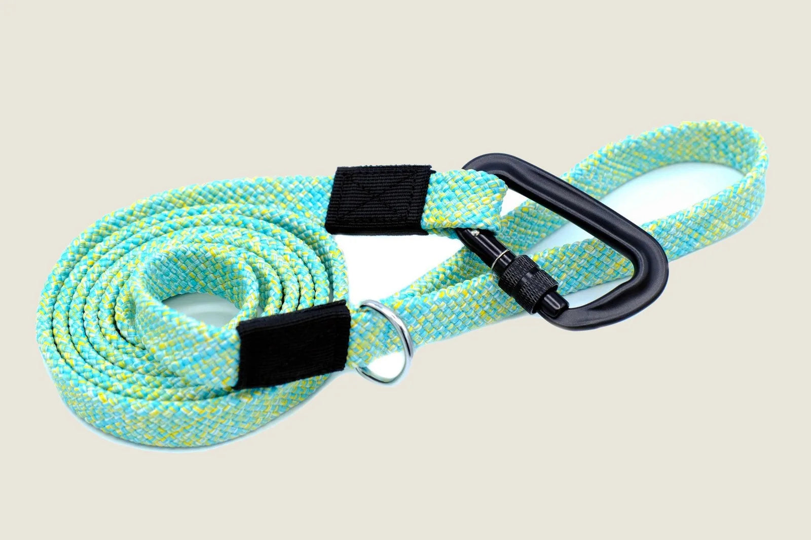 Colorful blue and yellow flat weave nylon dog leash with aluminum carabiner, designed for outdoor activities.