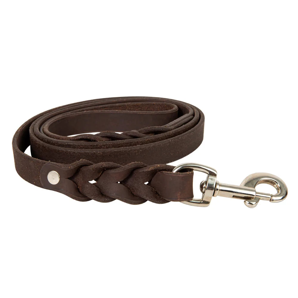 Deep chocolate brown leather dog leash with braid accents and a metal clasp, measuring 60 inches long.