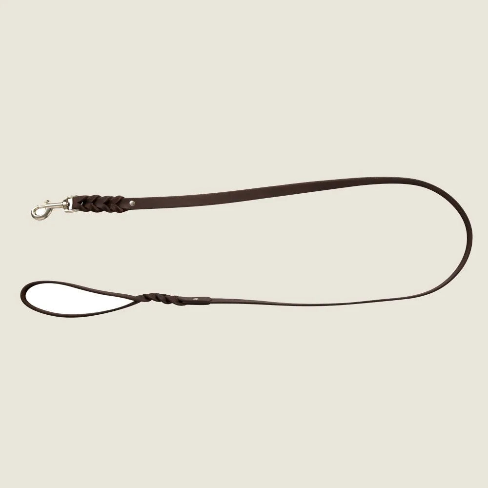 Deep chocolate brown leather dog leash featuring braid accents and a metal clasp, measuring 60 inches long.