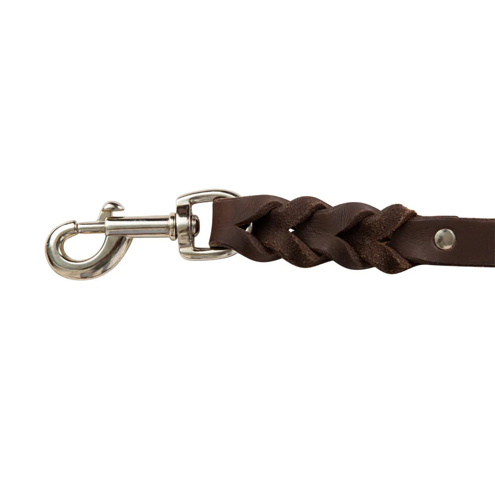 Deep chocolate brown leather dog leash featuring braided accents and a metal clasp for secure attachment.