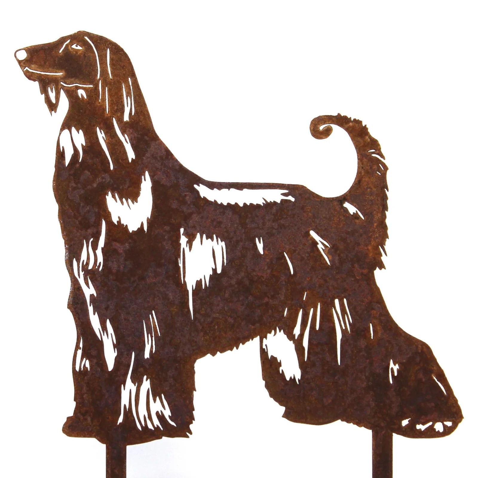 Rusty Afghan Hound metal silhouette in Corten steel, showcasing intricate detailing for decorative outdoor art.