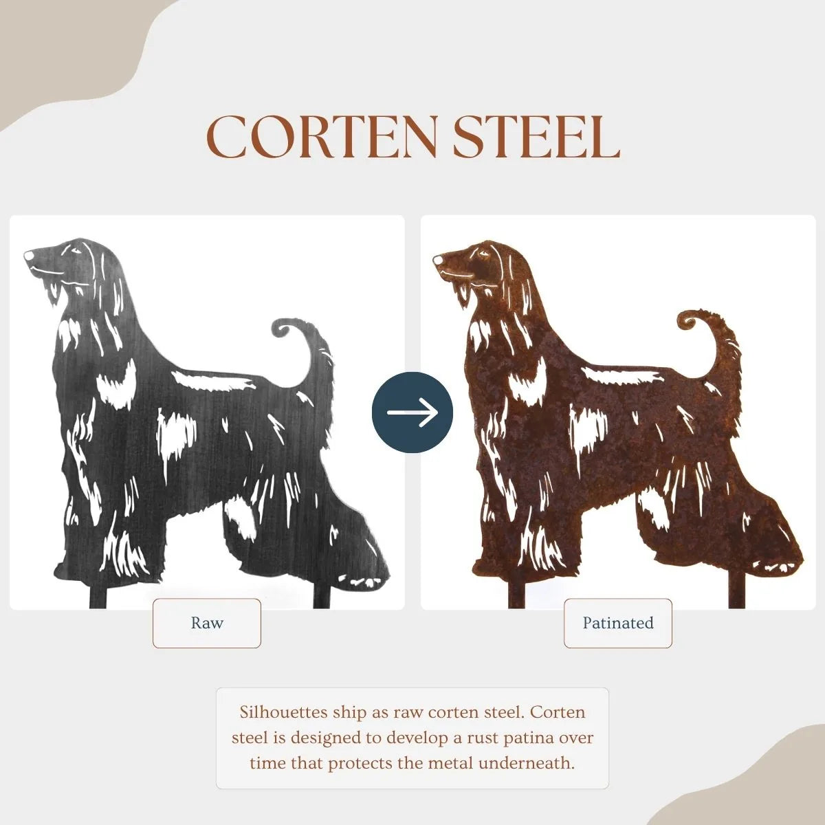 Afghan Hound metal silhouette comparison showing raw steel on the left and rust patina on the right.