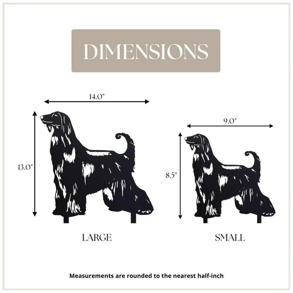 Black metal silhouette of an Afghan Hound, showcasing two sizes with clear dimension labels for decorative purposes.