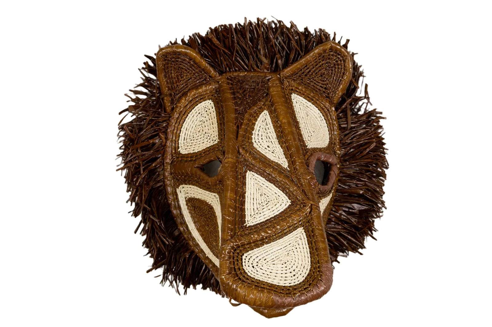 Handcrafted African Wild Dog mask featuring intricate browns and cream patterns, made with natural materials.
