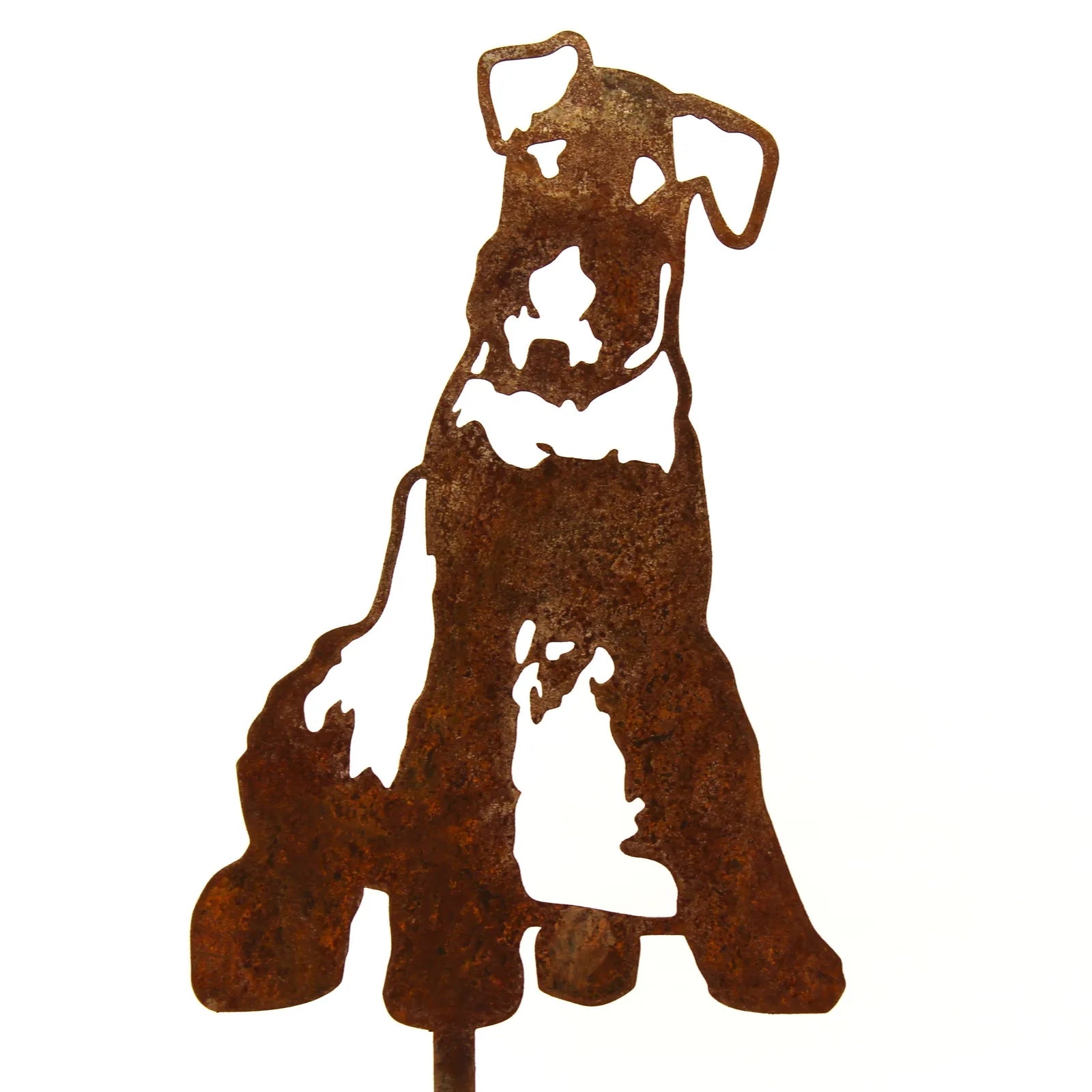 Rusty Airedale Terrier metal silhouette with detailed cutouts, perfect for outdoor dog decor in gardens.