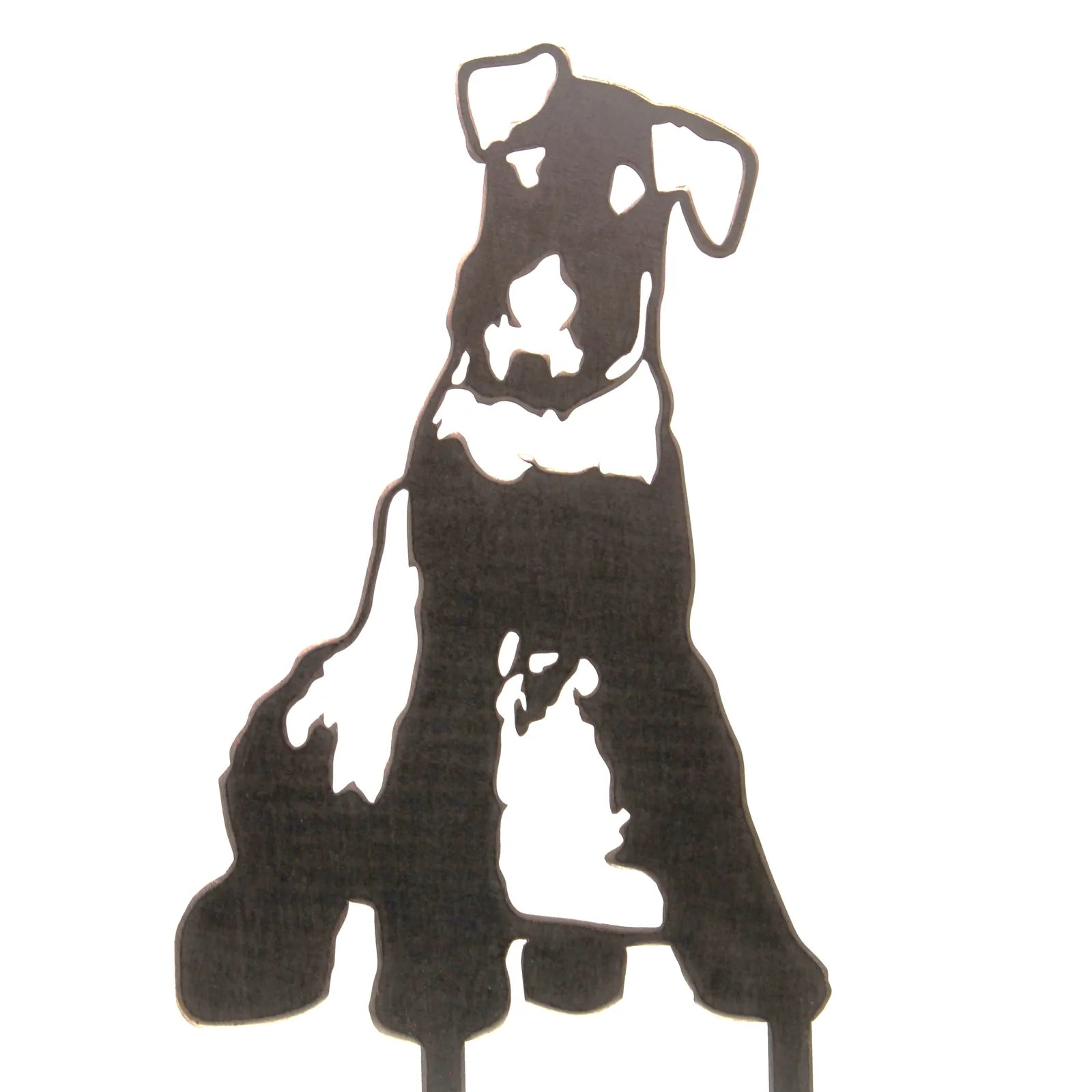 Black Airedale Terrier metal silhouette featuring intricate cutout details, perfect for outdoor dog decor.