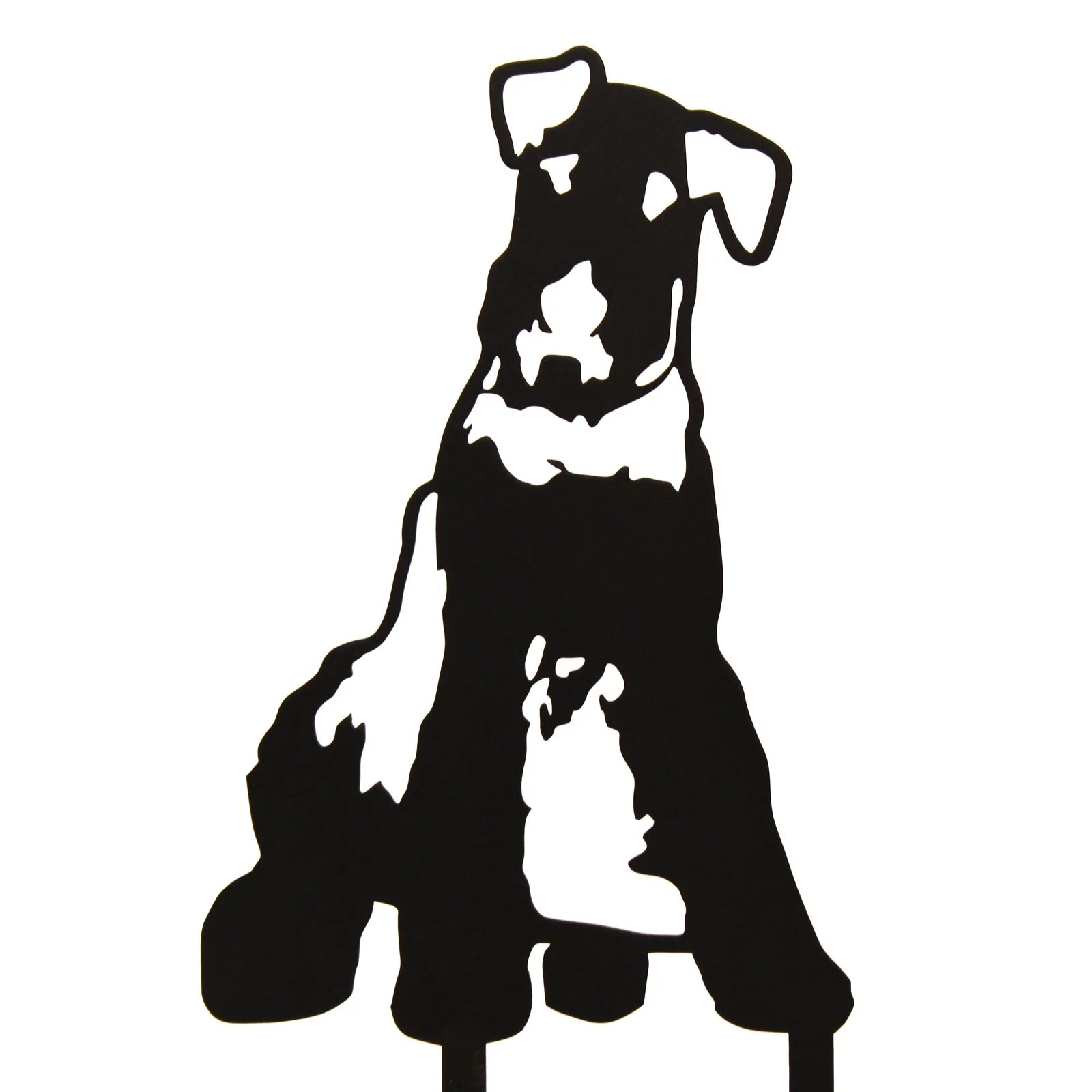 Black metal silhouette of an Airedale Terrier, showcasing detailed features in a playful seated pose.