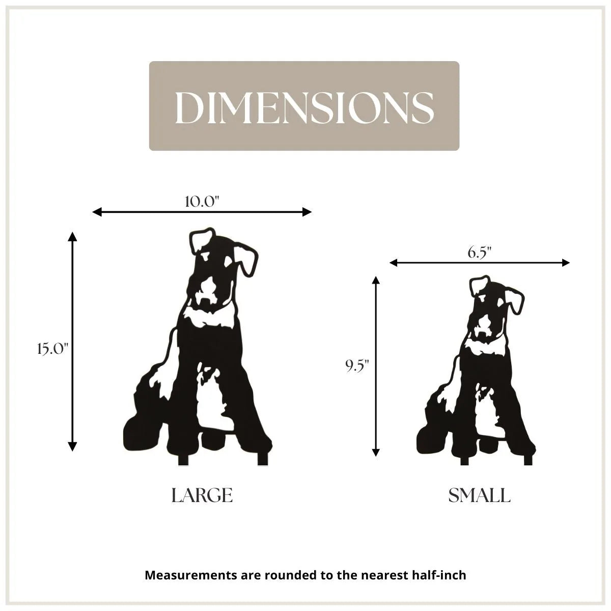 Dimensions showing the Airedale Terrier silhouette in large (15" x 10") and small (9.5" x 6.5") sizes, black color.