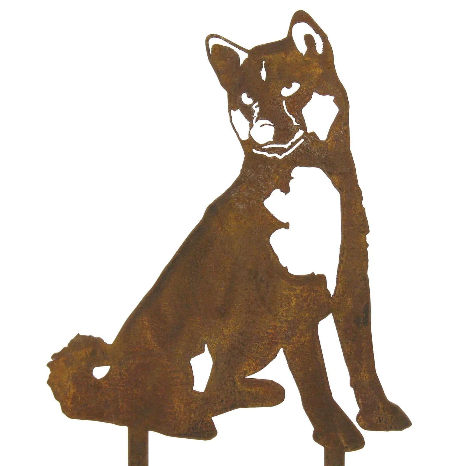 Rusty Corten steel silhouette of an Akita dog, featuring intricate cut-out details and a seated pose for outdoor decor.