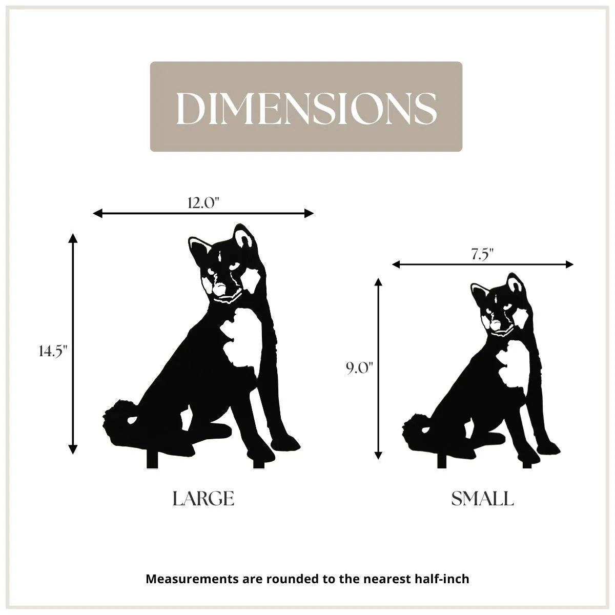 Black Akita metal silhouette wall art with size dimensions for large and small options, labeled for outdoor decor use.
