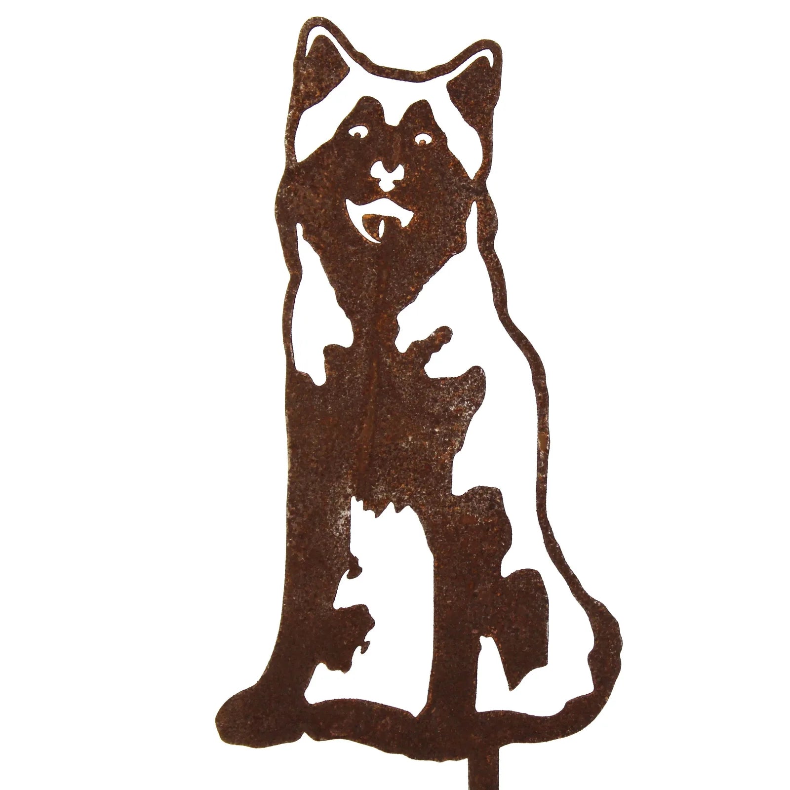 Rusty Alaskan Malamute metal silhouette, handcrafted from 11 gauge weathering steel, ideal for outdoor dog decor.