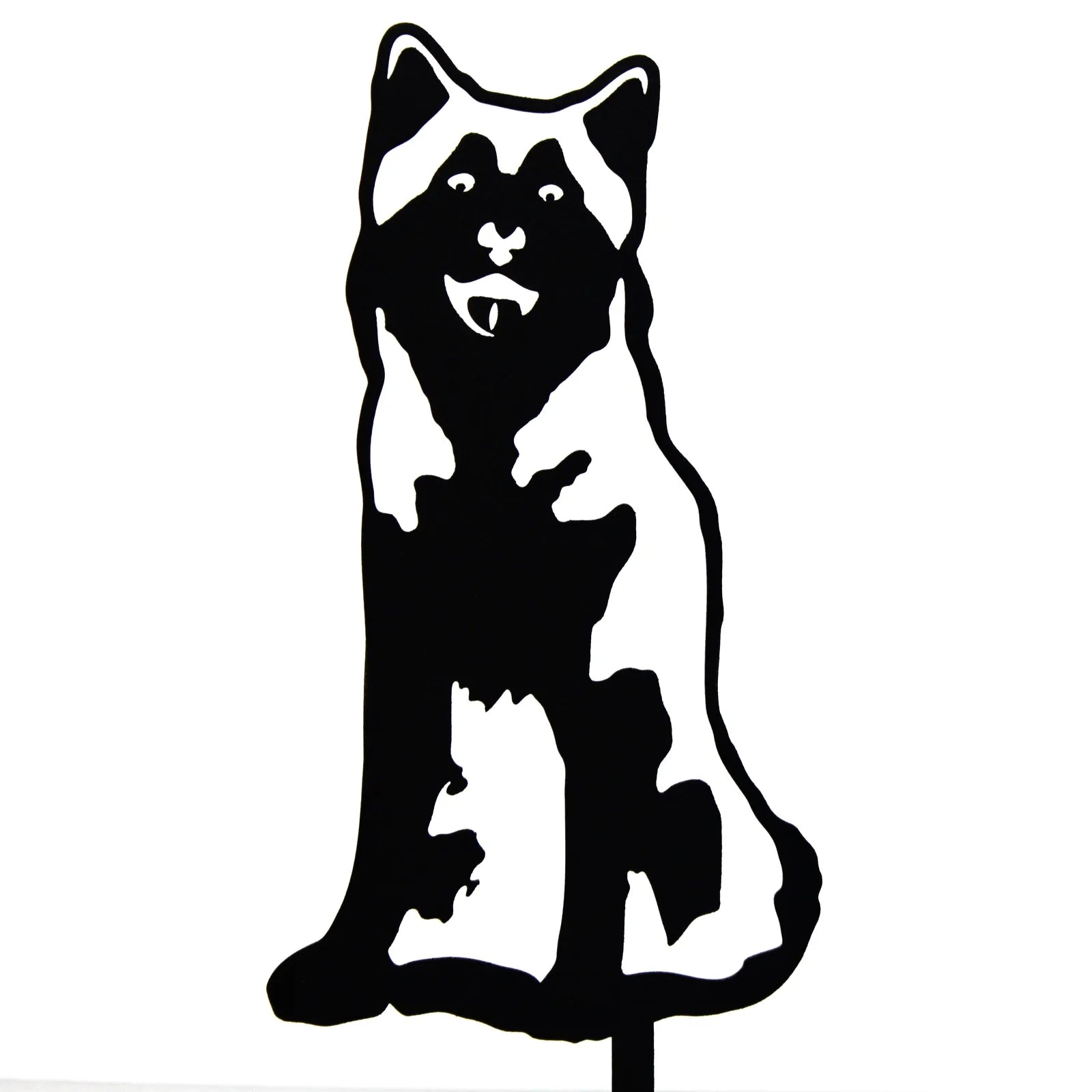 Black metal silhouette of an Alaskan Malamute sitting, showcasing its distinct shape and features for outdoor dog decor.