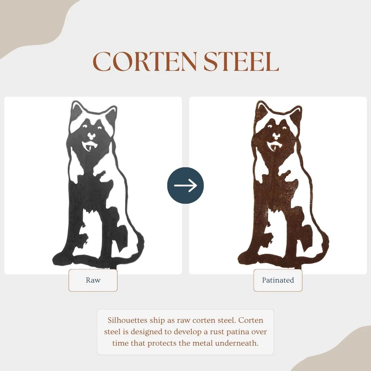 Alaskan Malamute silhouette in raw Corten steel, showcasing the design transition to a rusted patina.