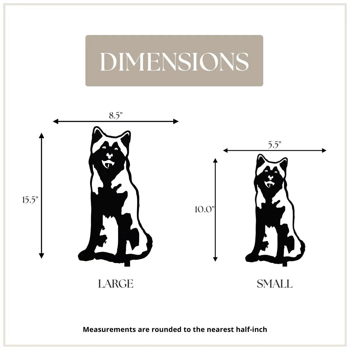 Alaskan Malamute silhouette dimensions: large 15.5" x 8.5" and small 10" x 5.5", showcasing weather-resistant metal design.