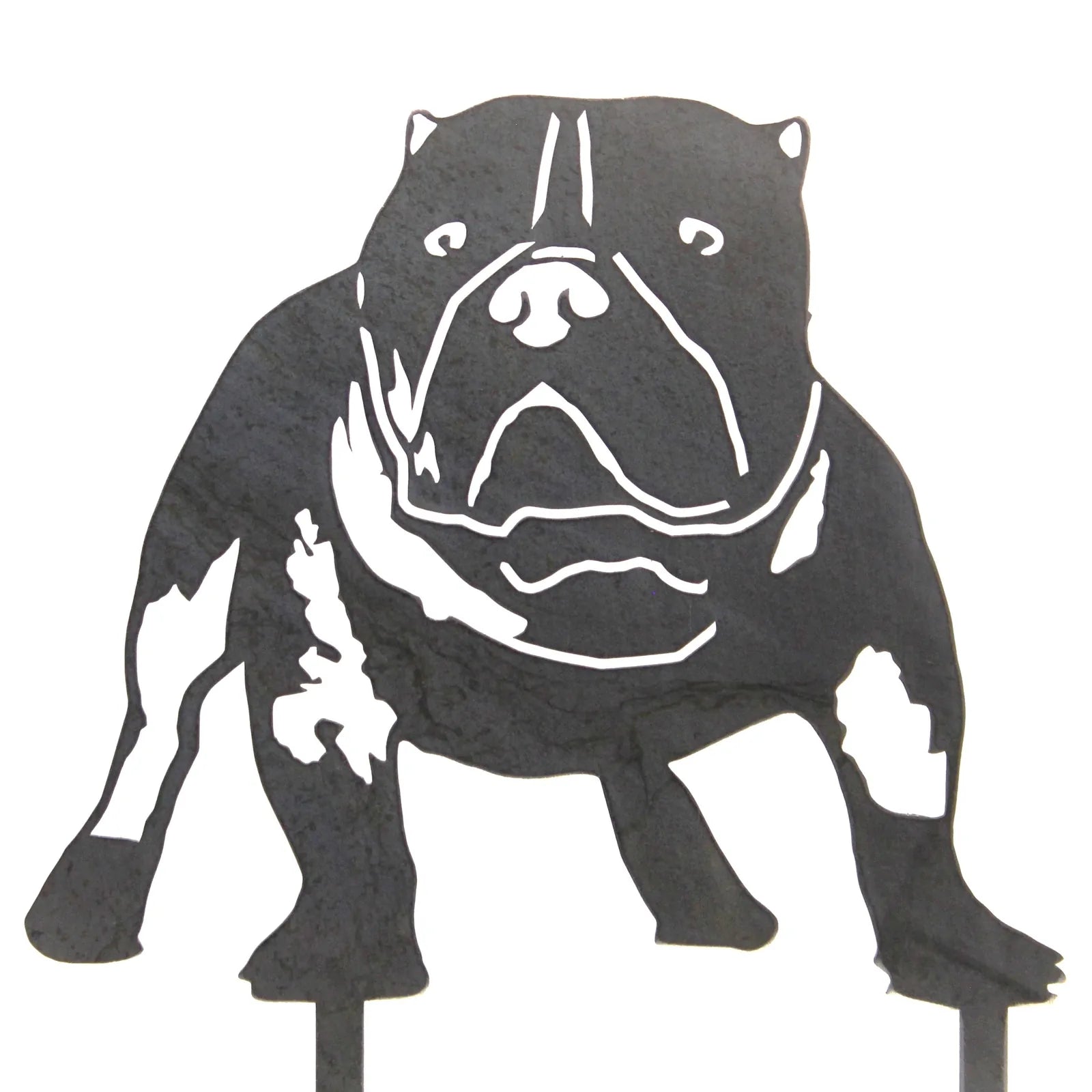 Black silhouette of an American Bully dog breed metal wall art, featuring distinct facial and body details, mounted for di...