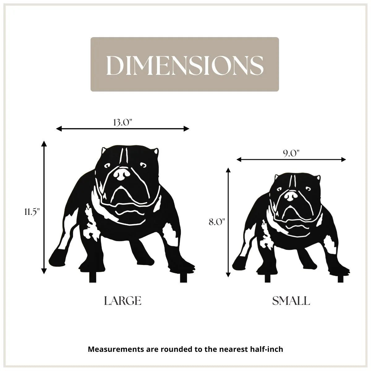 American Bully silhouette metal wall art showcasing dimensions for small (8"x9") and large (11.5"x13") sizes in black.