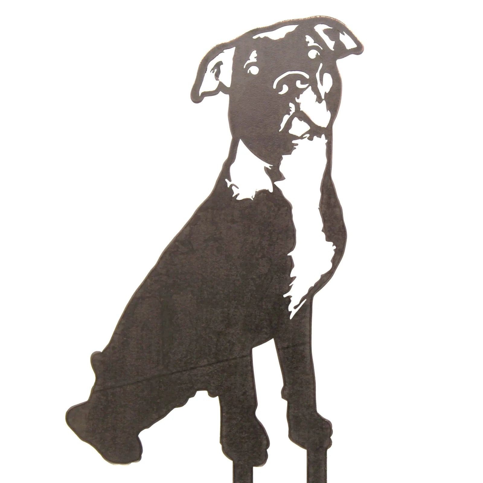 Black metal silhouette of an American Pit Bull Terrier, designed for outdoor decor, featuring detailed facial features.