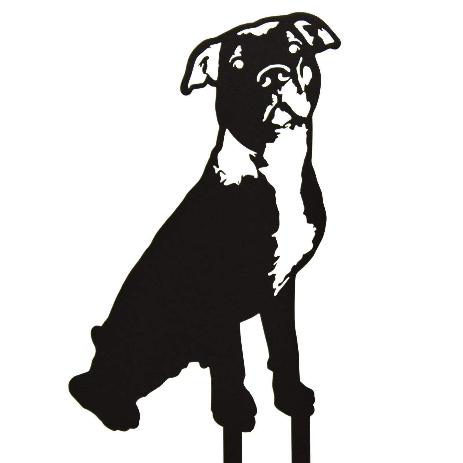 Black metal silhouette of an American Pit Bull Terrier, showcasing intricate detailing and standing on two stakes.