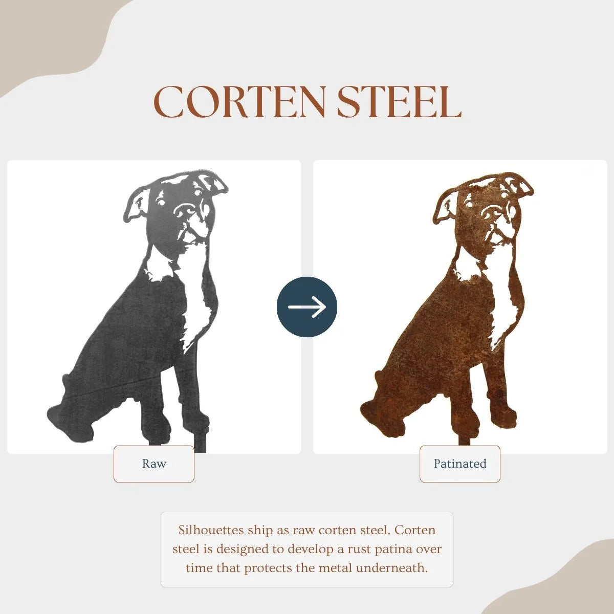American Pit Bull Terrier silhouette comparison: raw Corten steel on the left and patinated rusted finish on the right.