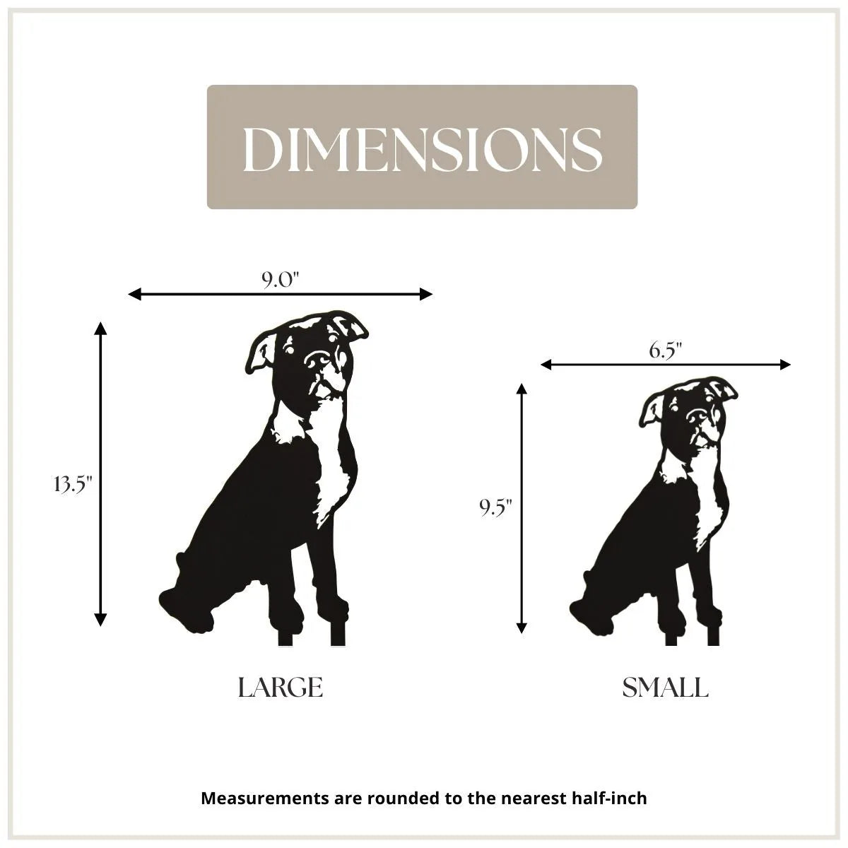 Black metal silhouette of an American Pit Bull Terrier, showcasing dimensions for small (9.5") and large (13.5") sizes.