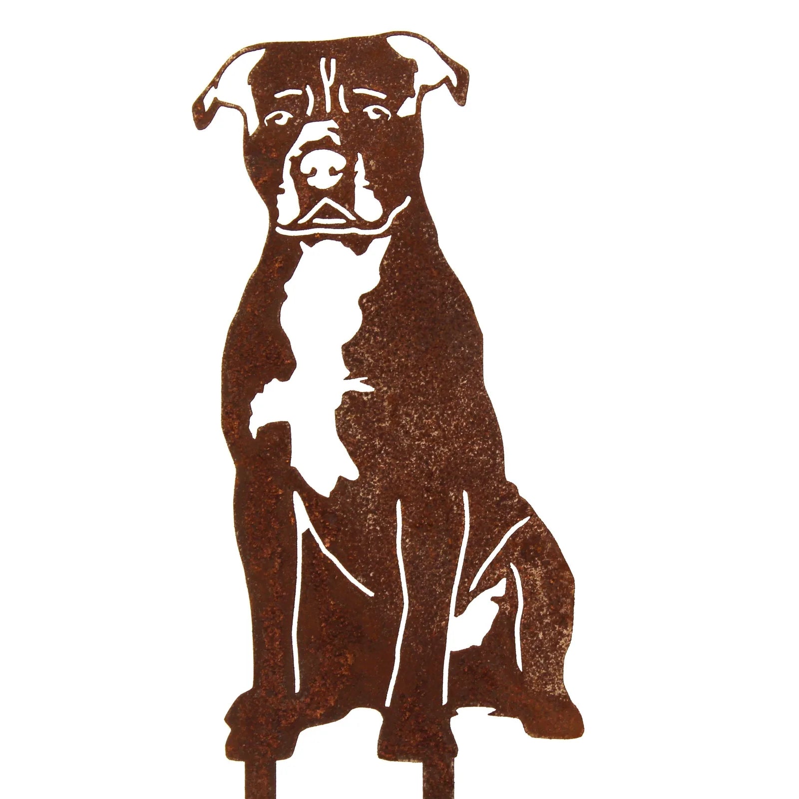 Handcrafted rust-colored metal silhouette of an American Staffordshire Terrier, designed for home or garden décor.