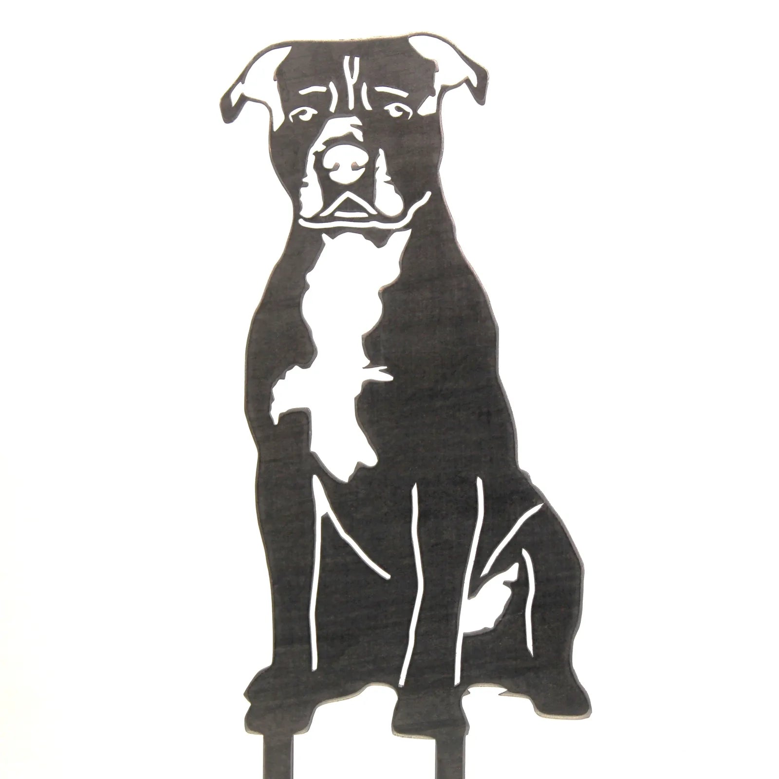 Handcrafted black metal art depicting an American Staffordshire Terrier in a seated pose, perfect for dog décor.