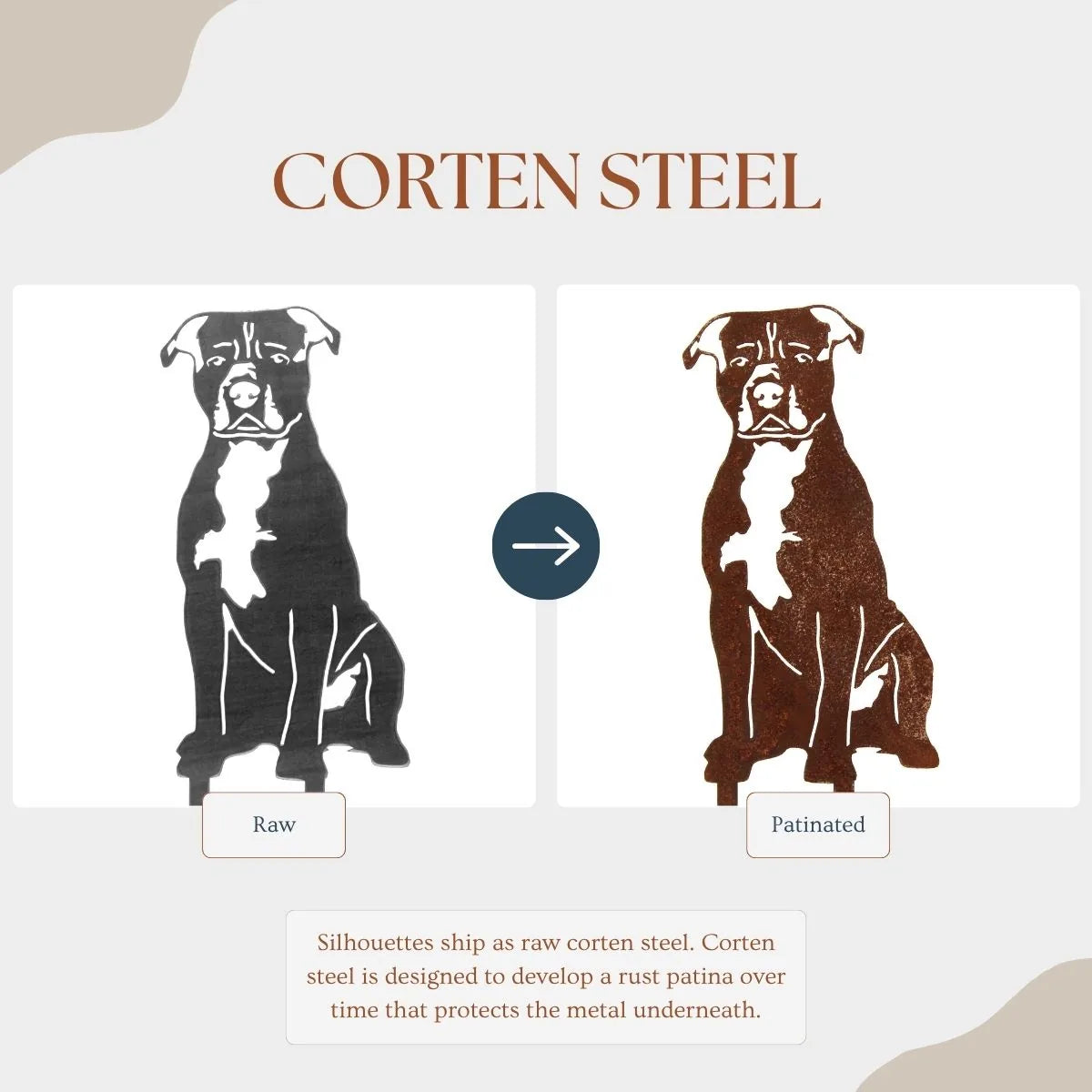Handcrafted metal silhouette of an American Staffordshire Terrier in raw Corten steel, showcasing its unique design and te...